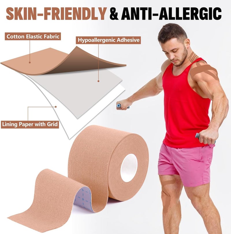 NUITPY 5 Rolls Kinesiology Tape, 2 inch x 16.4 Feet Waterproof Athletic Tape, Uncut Kinetic Tape, Muscle Tape, Sports Tape, Knee Tape for Exercise and Daily Use - Skin Color - Image 3